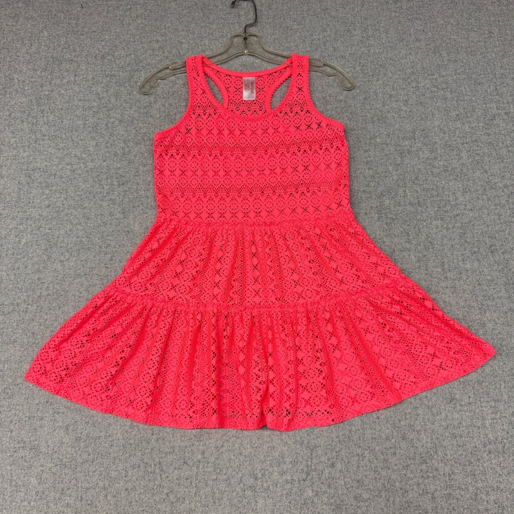 Cat & Jack Girls Dress Size L 10/12 Neon Pink Coral Racerback TieredCrochet Lace